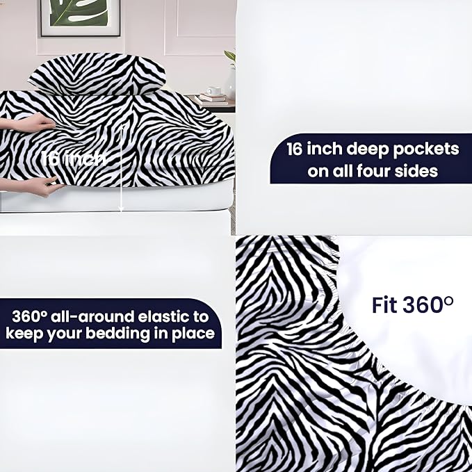 SGI bedding 100% Egyptian Cotton Sheets RV King Size – 600 Thread Count Sheets Set, Soft, Cooling, 15" Deep Pocket, Luxury Hotel Bedding, Breathable, Durable - Zebra Print