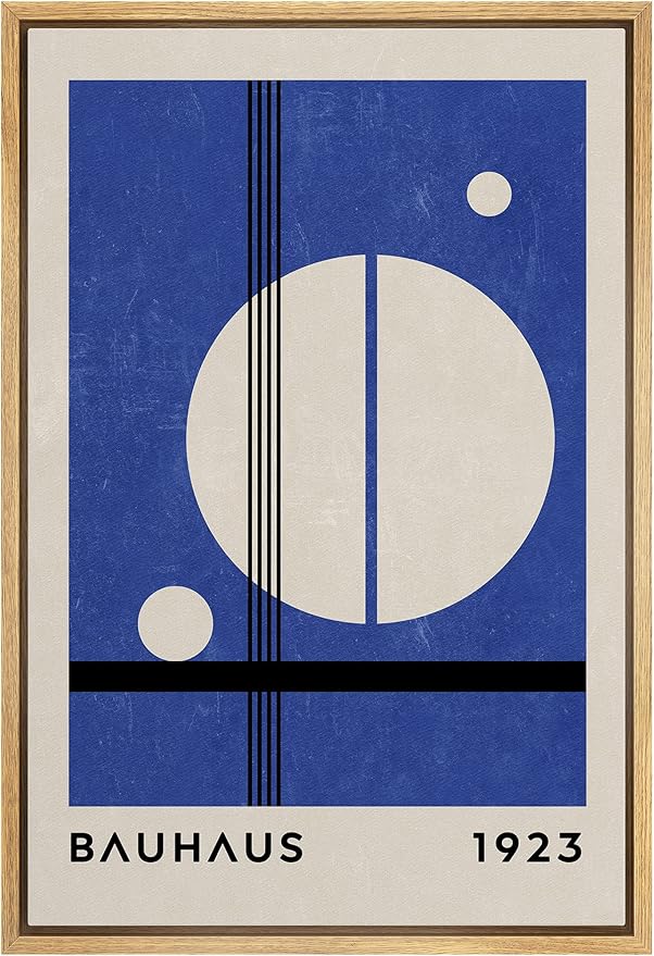 MUDECOR Framed Canvas Print Wall Art Mid-Century Bauhaus 1960s Blue White Circle Shapes Abstract Illustrations Modern Art Multicolor Relax/Calm for Living Room, Bedroom, Office - 16"x24" Natural