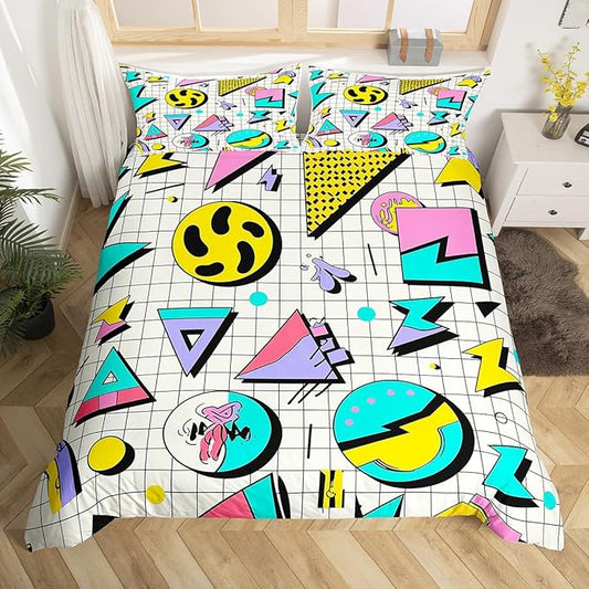 80s 90S Fashion Style Bedding Set Queen Size,Retro Memphis Style Pattern with Geometrical Shapes Duvet Cover for Kids Child,Funky Hipster Old Fashioned Comforter Cover Geometric Bedroom Decor
