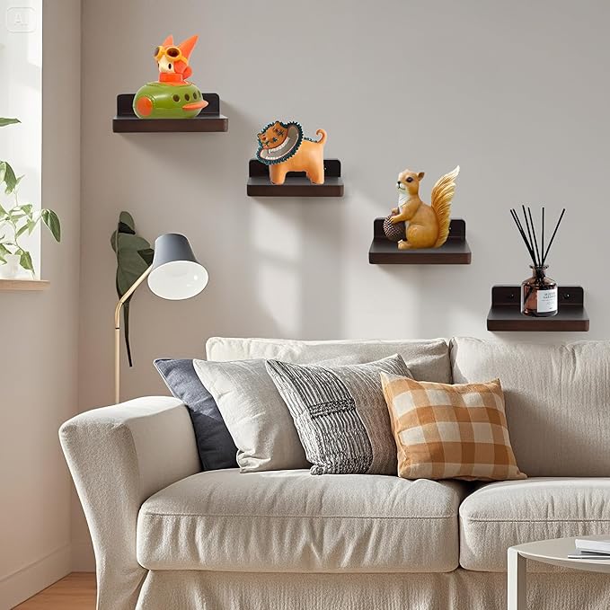Small Floating Shelf for Wall,5 Inch Wooden Wall Shelf Set of 6,Mini Speaker, Baby Monitor,Cameras，Figurines Display Stand, for Bedroom, Gaming Room, Living Room, Bathroom, Office(Walnut)