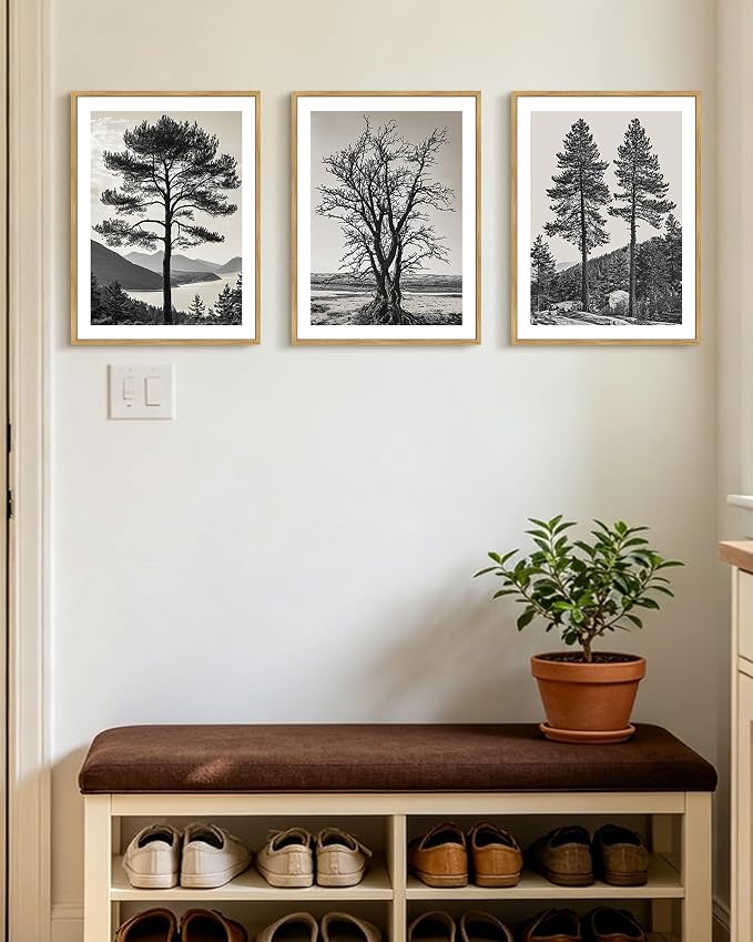 KUVIOKE Vintage Tree Framed Canvas Wall Art Black and White Retro Antique Forest Drawings Nature Wilderness Sketch Wall Painting Modern Decor 12x16in (Natural Framed)