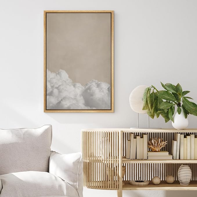 MUDECOR Framed Canvas Print Wall Art Soft Cloudscape Neutral Beige Sky and Clouds Illustrations Modern Art Minimal Relax for Living Room, Bedroom, Office - 16"x24" Natural
