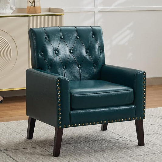 Mid Century Modern Accent Chair, Blue Faux Leather Office Chair for Reception - Tufted Leather Club Chair for Living Room, Bedroom, or Waiting Room
