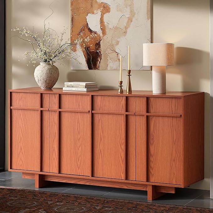 Sideboard Buffet Cabinet with Storage, Mid Century Modern Accent Cabinet with Skeleton Line & Wood Grain Texture, 63" Minimalist Credenza for Living Room Kitchen Dining Room Entryway, Cherry