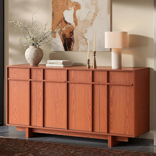 Sideboard Buffet Cabinet with Storage, Mid Century Modern Accent Cabinet with Skeleton Line & Wood Grain Texture, 63" Minimalist Credenza for Living Room Kitchen Dining Room Entryway, Cherry