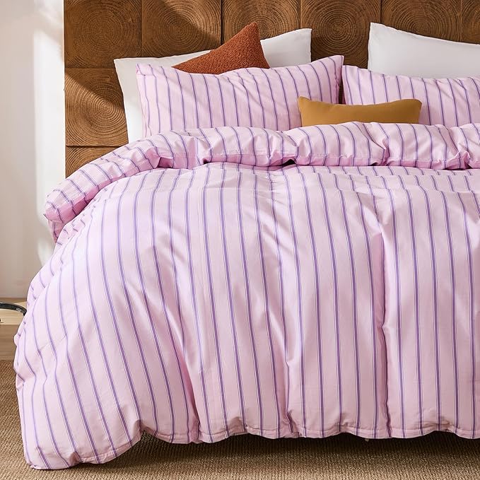 Merryword 100% Cotton Duvet Cover Set King Size - Pink & Purple Striped Bedding Set with Zipper & Corner Ties, 3-Piece Luxury & Silky Soft Bedding Set for All Seasons