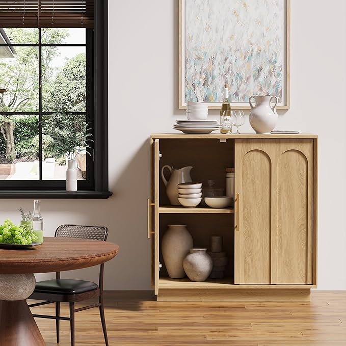 Sideboard Buffet Cabinet with Storage Set of 2, Mid Century Modern Accent Cabinet with Arched Doors, Modular Media Console, Credenza for Living Room Kitchen Dining Room Entryway, Oak