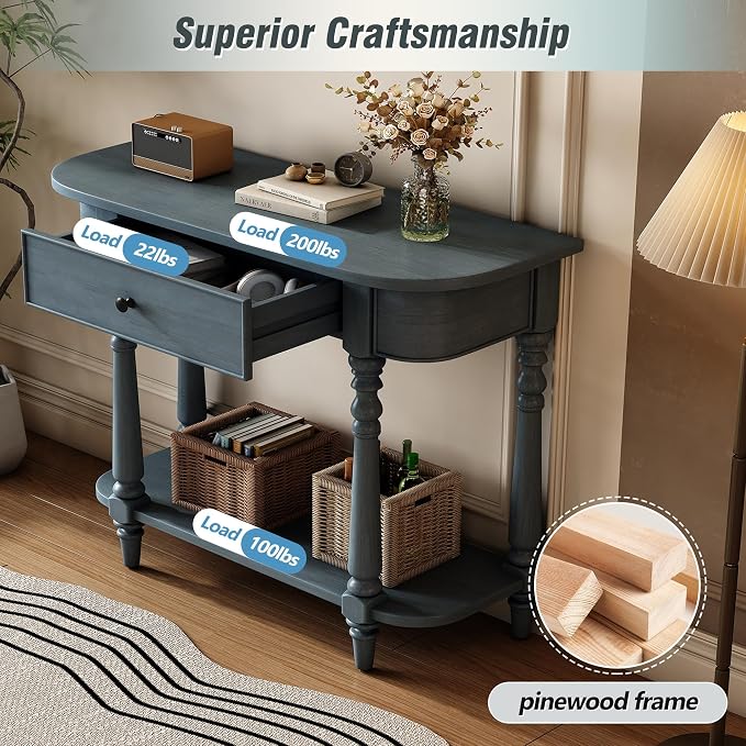Retro Curved Console Table, 36" Solid Wood Half Moon Console Table Sofa Table Entryway Table with 1 Drawer 1 Open Shelf Roman Legs Curved Corners for Living Room,Entryway,Hallway,Navy