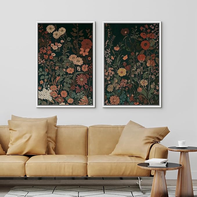 IDEA4WALL Framed Canvas Print Wall Art Set Vintage Wildflower Botanical Dark Green Floral Illustrations Modern Art Decorative Bohemian Calm/Zen for Living Room, Bedroom, Office - 24"x36"x2 White