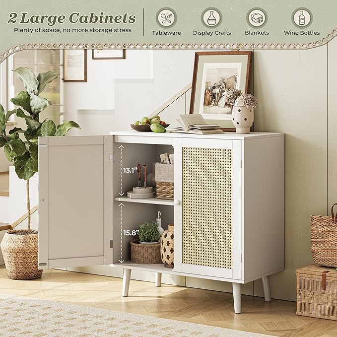 Huuger Buffet Cabinet with Storage, Storage Cabinet with PE Rattan Decor Doors, Solid Wood Feet, for Hallway, Entry, Living Room, White