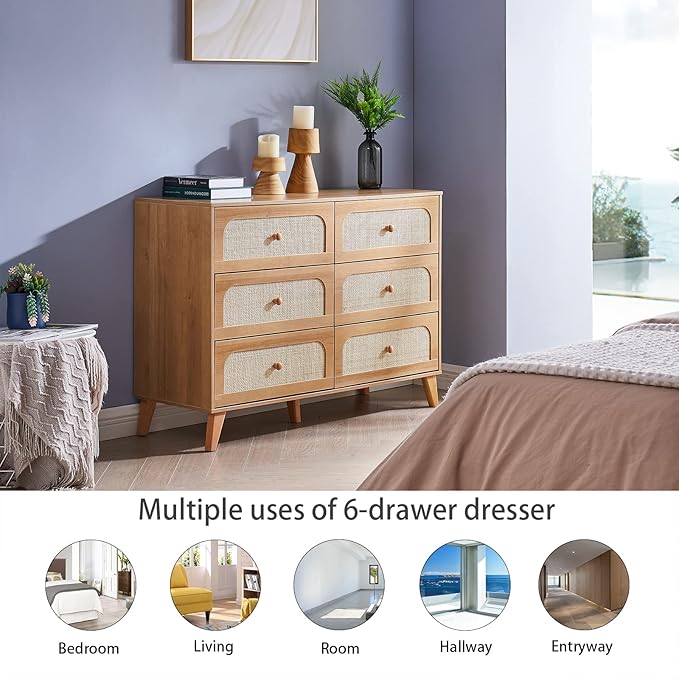 Dresser for Bedroom with 6 Drawers – Wide Chest of Drawers with Pulls Handles, Solid Wood Legs, Easy Assembly, Farmhouse Tall Dressers for Closet, Living Room,Hallway and Entryway Knobs Oak