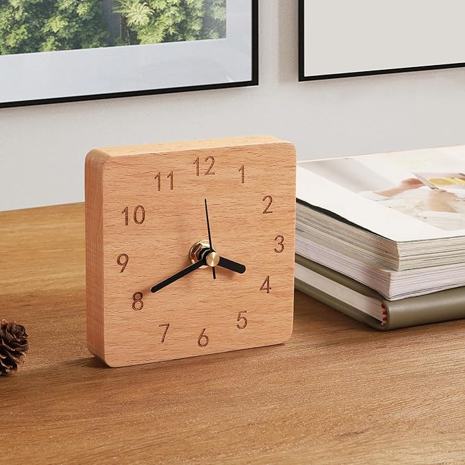 Wooden Table Clock on Stand, Decorative Battery Operated Desk and Shelf Clock, Silent Non-Ticking Desktop Clock for Office, Living Room or Bedroom Decor, Square Shape, Beech Wood