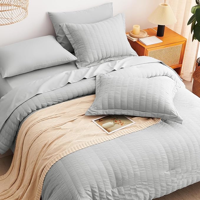 CozyLux Oversized Queen Comforter Set with Sheets, 7 Pieces 98"x98" Light Grey Seersucker Bed in a Bag, Light Gray Bedding Sets with Down Alternative Comforter, Sheets, Pillowcases & Shams, Home Gift