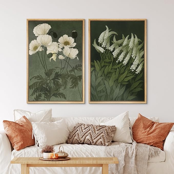IDEA4WALL Framed Canvas Print Wall Art Set White Bloom Botanical Elegant Green and Cream Floral Illustrations Modern Art Decorative Calm/Zen for Living Room, Bedroom, Office - 16"x24"x2 Natural