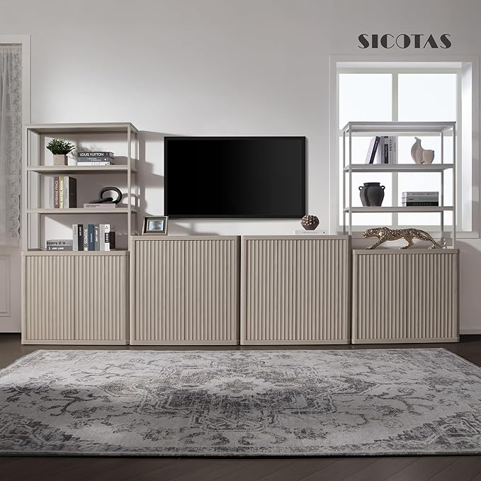 SICOTAS Book Shelf Fluted Bookshelf 71" Tall Bookcase with Doors Storage 5 Tier Mid Century Modern Bookshelves Large Shelves Metal Book Cases for Living Room Office Bedroom Kitchen Library