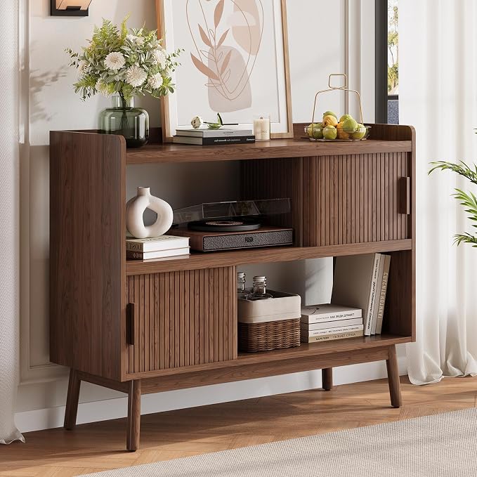 Mid-Century Modern Buffet Sideboard Cabinet with Outlet, 44" Sideboard Buffet Cabinet with Sliding Door & Adjustable Shelves, Fluted Accent Coffee Bar Console Table with Wooden Feet, Walnut