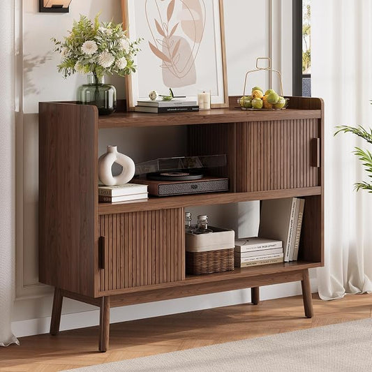 Mid-Century Modern Buffet Sideboard Cabinet with Outlet, 44" Sideboard Buffet Cabinet with Sliding Door & Adjustable Shelves, Fluted Accent Coffee Bar Console Table with Wooden Feet, Walnut