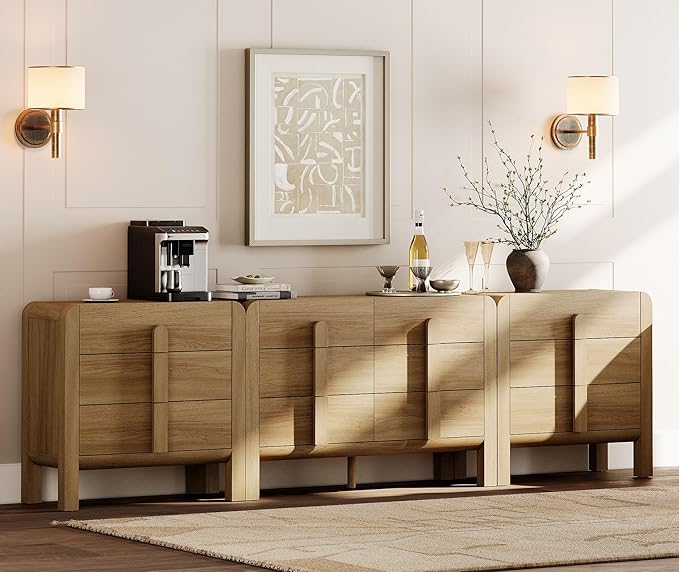 WAMPAT 110.2” W Large Sideboard Buffet Cabinet with Storage,Modern French Kitchen Buffet Cabinet with 12 Drawers,Wood Buffet Table Coffee Wine Bar Console Table for Kitchen,Dining Room,Light Walnut