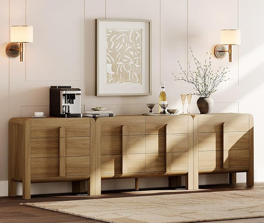 WAMPAT 110.2” W Large Sideboard Buffet Cabinet with Storage,Modern French Kitchen Buffet Cabinet with 12 Drawers,Wood Buffet Table Coffee Wine Bar Console Table for Kitchen,Dining Room,Light Walnut