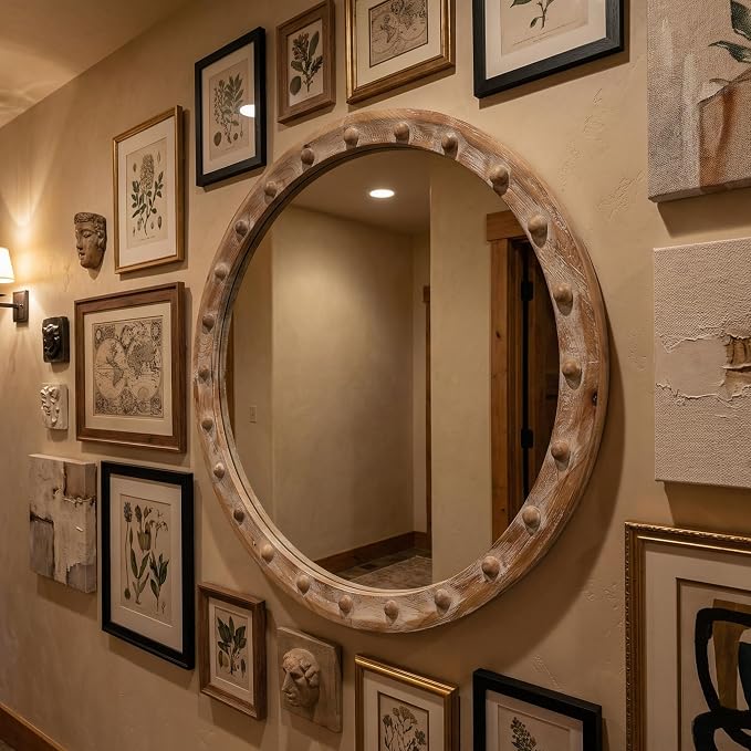 23.62'' Vintage Rustic Round Wall Mirror with Rivet Detail Frame & Pre-Installed Hanging, Decorative Mirror with Large Reflective Surface for Bathroom Bedroom Living Room, Natural