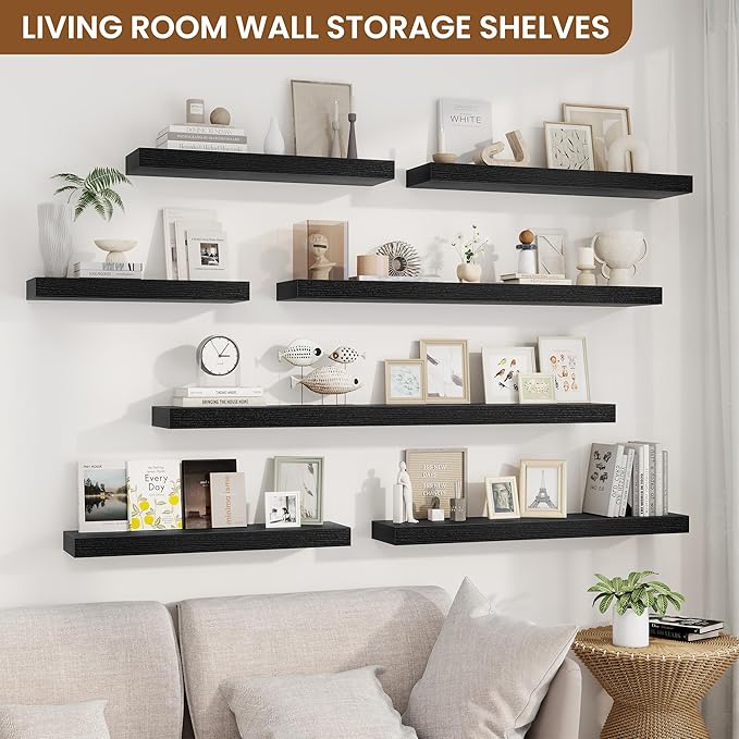 fuqing Floating Shelves for Wall, Wall Mounted Wood Floating Shelf with Invisible Brackets for Living Room, Bathroom, Bedroom, Kitchen Storage and Decor, 55 Inch Set of 2, Black