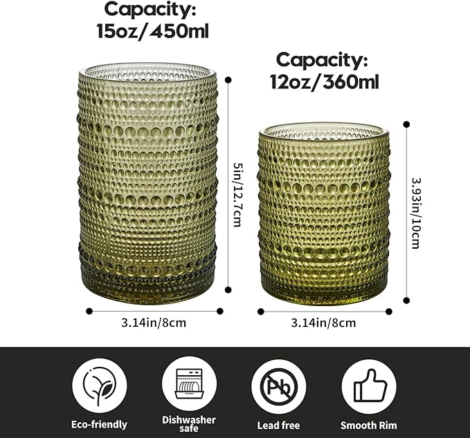 Vintage Hobnail Drinking Glasses Set of 12, 15 oz Highball Glasses & 12 oz Cocktail Glasses Set, Green Kitchen Water Glasses Cup, Bar Tumbler Glassware Set for Beer, Juice, Whiskey, Milk
