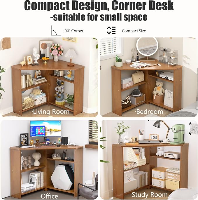 31.5” Small Corner Desk with Storage - L Shaped Desks with Storage, Solid Wood Desk with Shelves, Corner Computer Desk for Small Spaces, Writing Desk for Bedroom&Home Office - Walnut