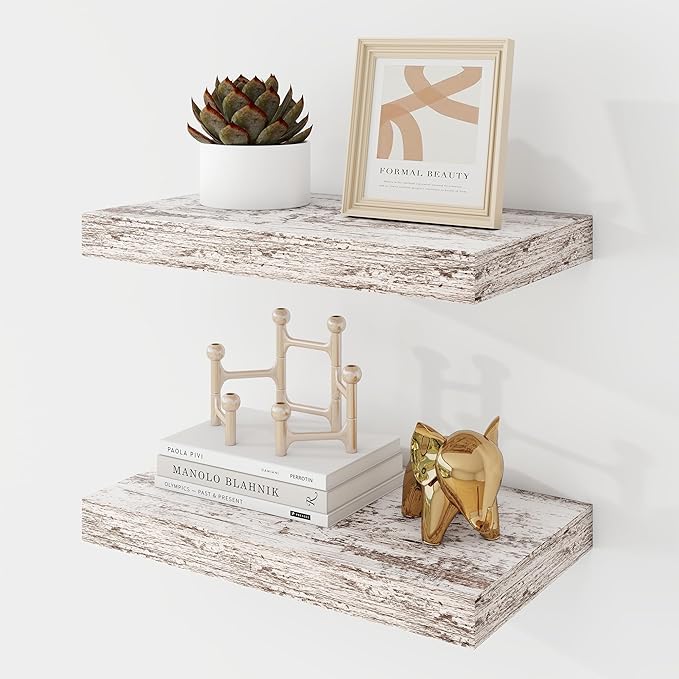 16 Inch Floating Shelves, 9.3" Deep Floating Shelf Wall Mounted, 16" Wall Shelves, Rustic Deep Bookshelf, Large Display Shelves & Storage Shelves for Bedroom, Living Room, Rustic, Set of 2