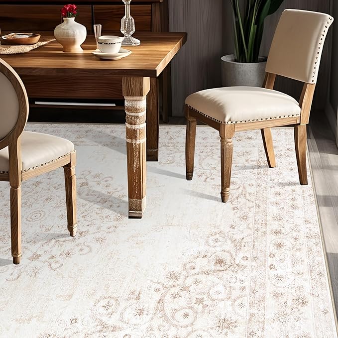 Area Rug 6x9 Vintage Rug: Washable Indoor Medallion Rugs Low Pile Distressed Floor Carpet Retro Accent Rug for Living Room Bedroom Kitchen Dining Table Home Office(Distressed Beige, 6'x9')