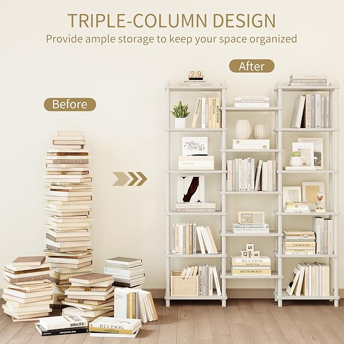 IOTXY Wooden Triple Wide Bookshelf - 6-Tier Large Shelf Bookcase with Solid Beech Frame, Tall Freestanding Open Etagere Display Rack for Home Office, White