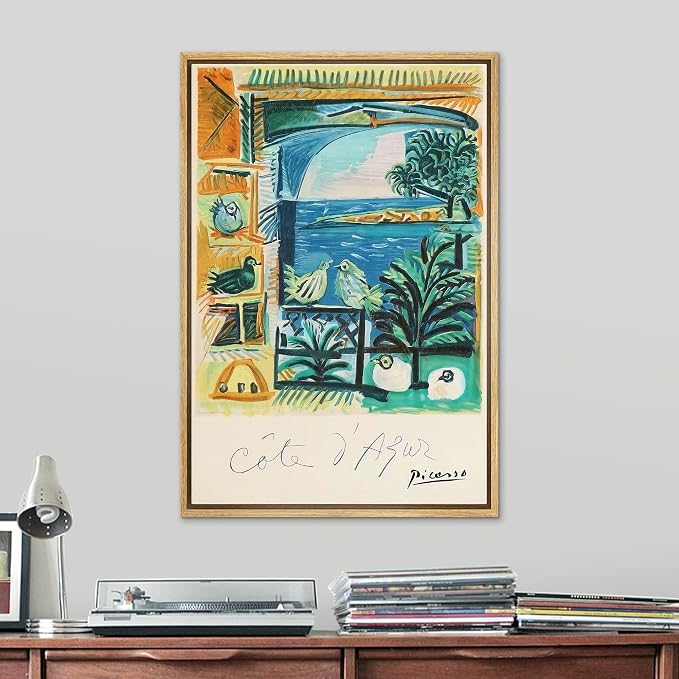 SIGNLEADER Framed Canvas Print Wall Art French Riviera by Pablo Picasso Classic Vintage Illustrations Fine Art Decorative Retro Multicolor Boho for Living Room, Bedroom, Office - 24"x36" Natural