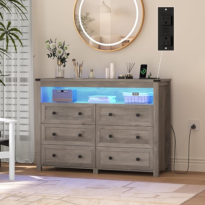 Grey Dresser 6 Drawer Dressers for Bedroom with LED Lights, Charging Station, Wood Chest of Drawers with Metal Handles, Modern TV Stand Storage Cabinet for Living Room, Hallway, Entryway, Gray
