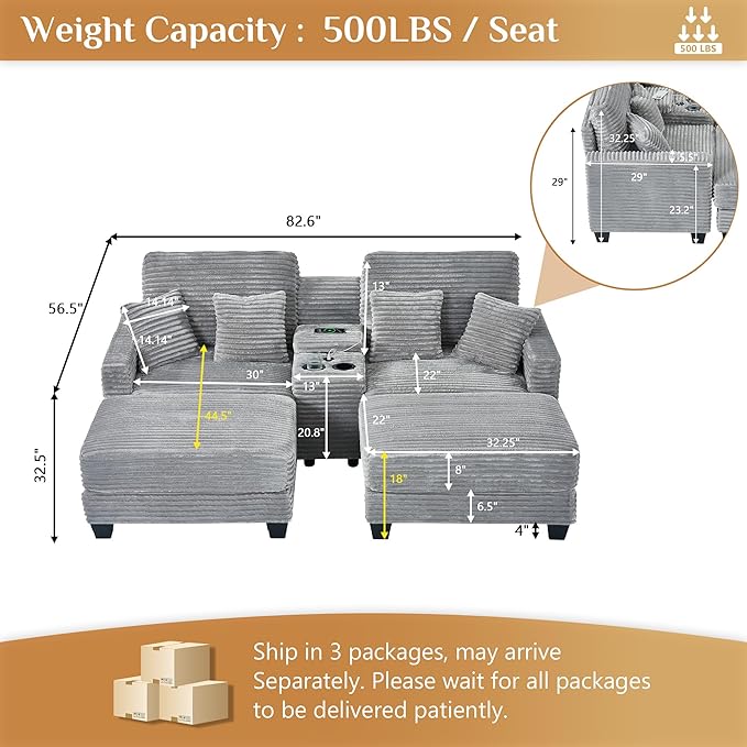 Oversized Chaise Lounge Chair Indoor with Storage & USB, Cup Holder & Ottoman, Firm Solid Wood Frame with Long Service Life Corduroy Oversized Lounge Reading Chair for Large Study Room - Light Grey