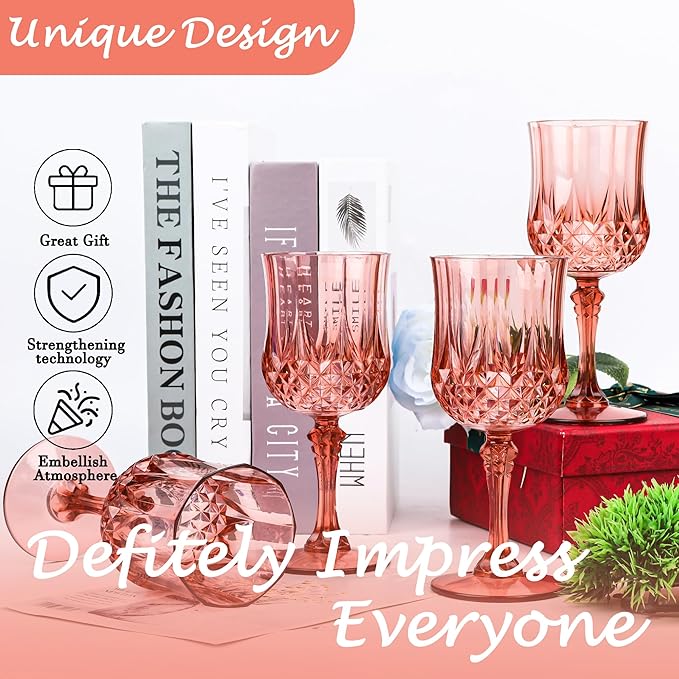 Plastic Wine Glasses, Plastic Goblets Vintage Style Cordial Drinking Glasses for Valentine’s Day, Wedding Reception, Grand Event Party Supplies (48, Rose Gold)