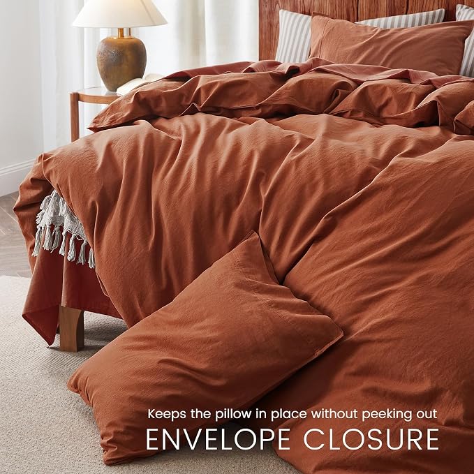 2Pcs Organic Linen Duvet Cover Twin Size, 100% French Linen from Normandy, Soft & Durable Terracotta Bedding Set Comforter Cover with 1 Pillowcases, 1 Duvet Cover with Zipper