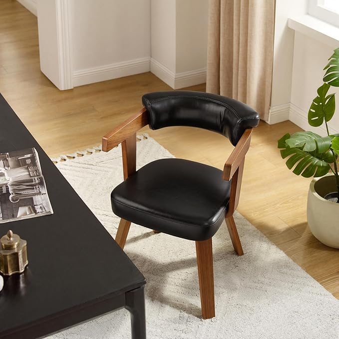 Art Leon Home Office Desk Chair - Mid Century Modern Chair, Faux Leather Office Chair No Wheels, Comfy Accent Arm Chair with Wood Legs for Small Spaces Living Room Bedroom Study, Black/Walnut