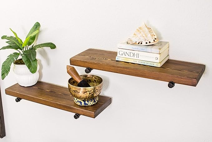 Floating Wall Shelf with Industrial Pipe Brackets, Solid Wood, Rustic Farmhouse Shelf, 24" x 7.5" x 1.5" (2, Dark Walnut)