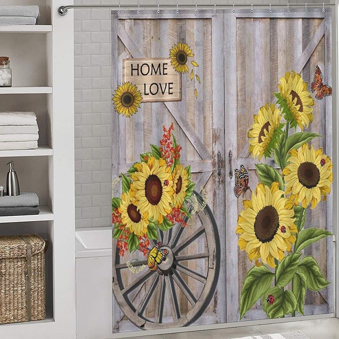 Rustic Sunflowers Butterfly Shower Curtain, Wooden Board Western Barn Door Farmhouse Vintage Daisy Floral Botanical Waterproof Shower Curtains for Bathroom Decor 12 Pack Hooks 66x72in（168x183cm）