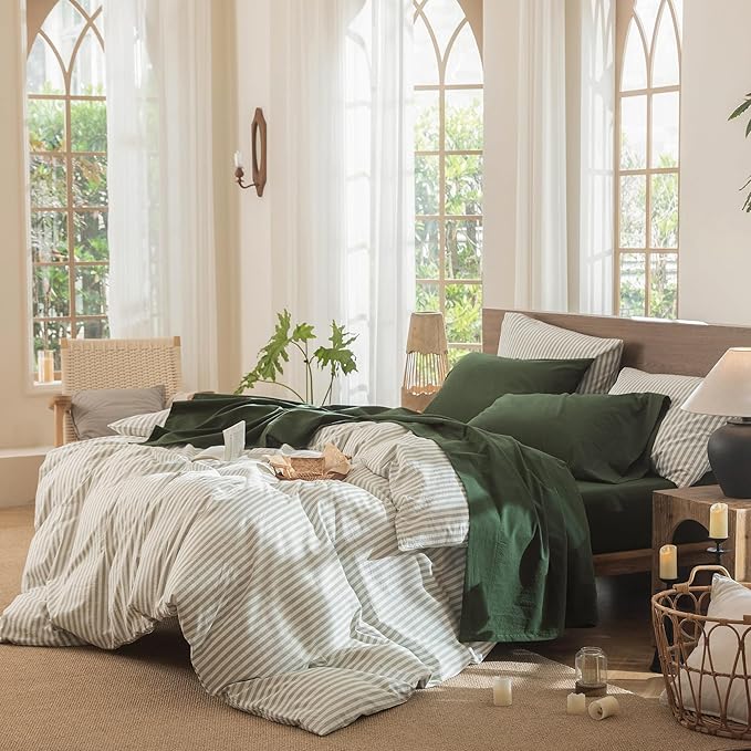 MooMee Bedding Sheet Set 100% Washed Cotton Linen Like Textured Breathable Durable Soft Comfy (Solid Forest Green, Split King)