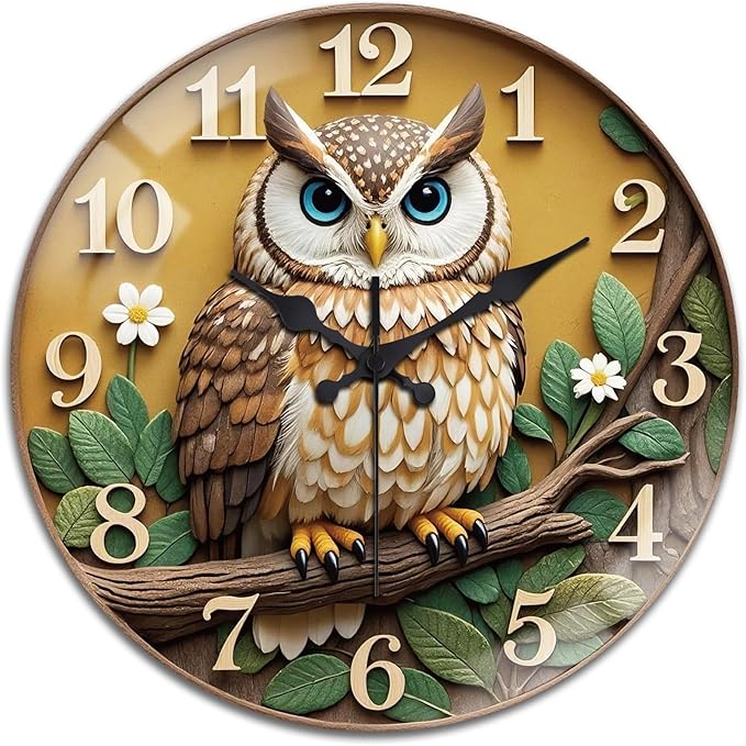 peacoblue Wall Clocks Battery Operated 12 Inch Owl Glass Round Wall Clock Non Ticking for Kitchen Living Room Dining Room Bedroom and Bathroom Decor Accessories (Battery not Included)