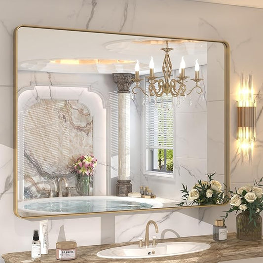 44x36 Gold Framed Mirror for Bathroom, Brushed Gold Brass Bathroom Mirror, Rectangle Gold Bathroom Vanity Mirror for Wall, Shatterproof, Anti-Rust, Hangs Horizontally or Vertically