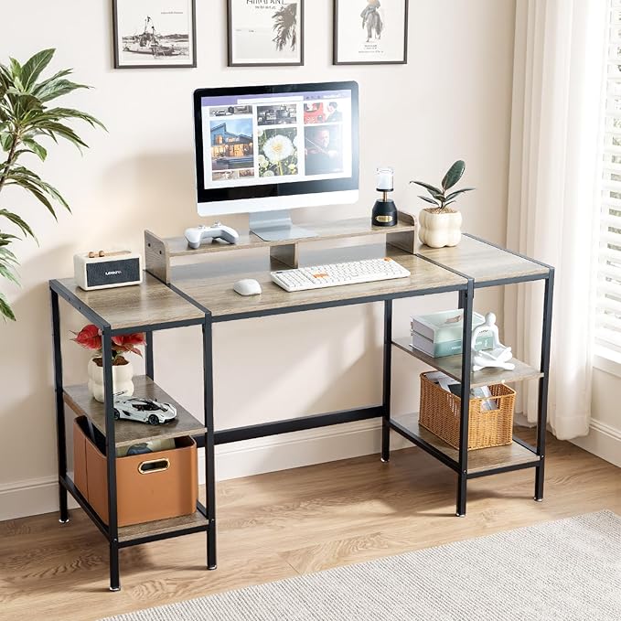 Gaming/Computer Desk - 47” Home Office Small Desk with Monitor Stand, Rustic Writing Desk for 2 Monitors, Adjustable Storage Space, Modern Design Corner Table.