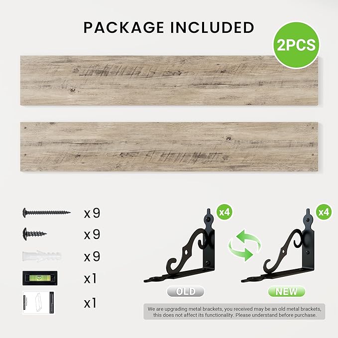RICHFOCUS Floating Shelves for Wall Decor, 47.3W x 8D Shelves Set of 2, 8 Inch Deep Rustic Wood Shelves Wall Mounted with Brackets, Long Floating Shelves for Living Room Bedroom Kitchen, Grey