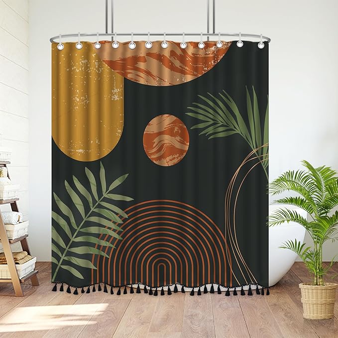 Boho Mid Century Leaf Shower Curtain Set,Arch Sun Design,Minimalistic Leaves Pattern,Waterproof and Luxurious Fabric-12 Hooks(Coffee Brown-60" x 72")