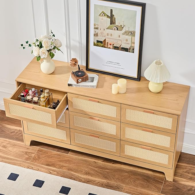 Dresser for Bedroom with 9 Drawers – Wide Chest of Drawers with Pulls Handles, Solid Wood Legs, Easy Assembly, Farmhouse Tall Dressers for Closet, Living Room,Hallway and Entryway Natural oak