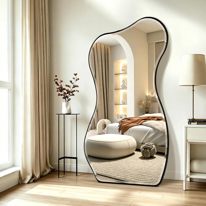 POZINO Irregular Full Length Mirror, 66.8"x33.5" Large Asymmetrical Beveled Mirror with Black Metal Frame, Organic Floor Mirrors for Entryway Hallway Cloakroom Living Room, Leaning/Wall-Mount