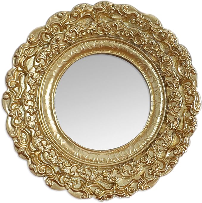 Golden Mini Vintage Mirror with Exquisite Relief Elegant Wall Decor for Bedroom Dresser Table Compact Resin Retro Design (Gold Round, 5X5)