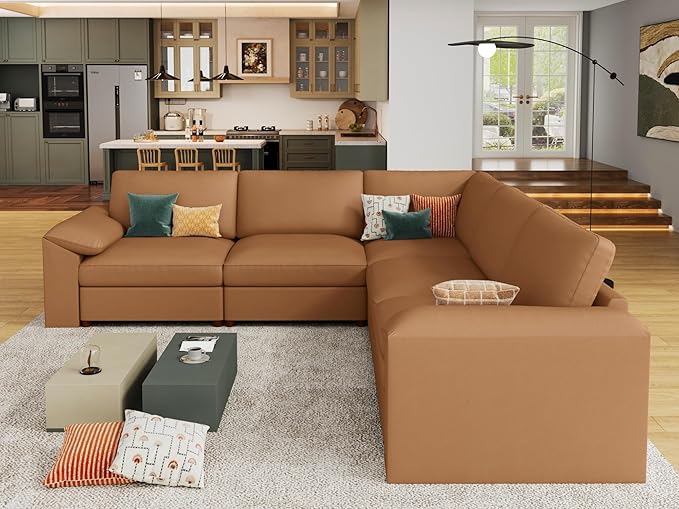 EASE MOOSE Oversized Modular Sectional Couch with Ottoman, Faux Leather Sectional Sofa with Deep Seat, Scratch Resistant Faux Leather Material, Extra Large L Shaped Couch,Brown