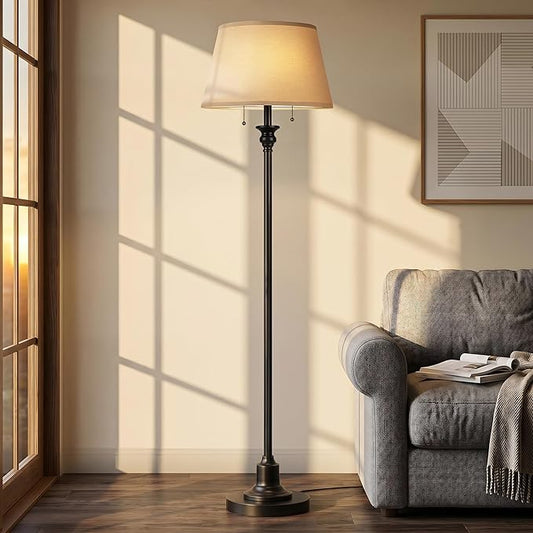2-Light Floor Lamp for living room, 66.5'' Rustic Farmhouse Pole Lamp with Double Pull Chain, Mid Century Vintage Tall Standing Lamp for Bedroom Home Decor(3 Color Temperatures Bulb Included), Black