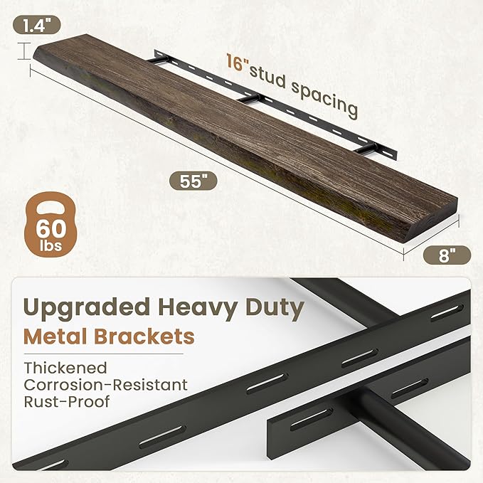 Fun Memories Floating Shelves for Wall Decor Set of 1-55 Inch Solid Elm Wood Live Edge - Rustic Walnut Wall Shelves with Invisible Brackets - for Living Room, Bedroom, Kitchen - Walnut Finish
